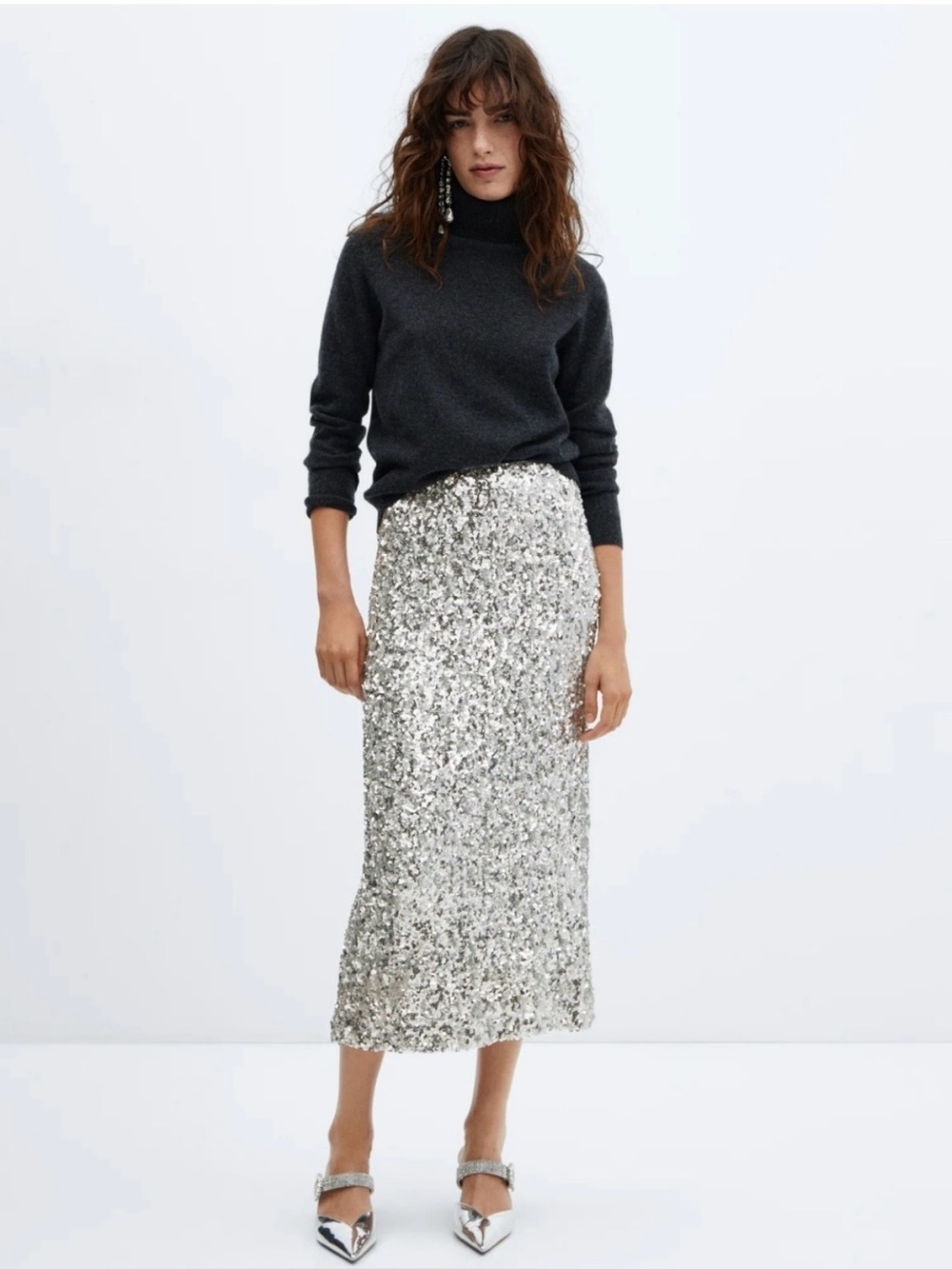 NWT Mango Silver Sequin Midi Skirt